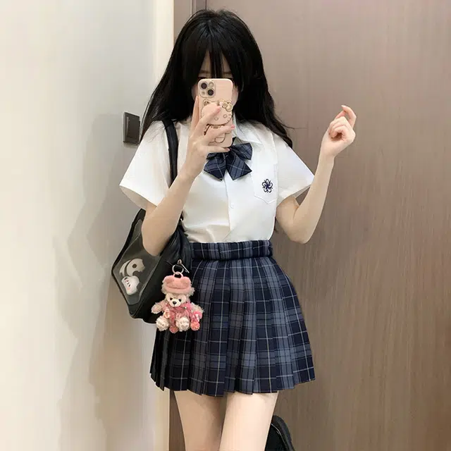 日暮星河 学院风格子百褶裙短袖上衣两件套衬衫套装 女款