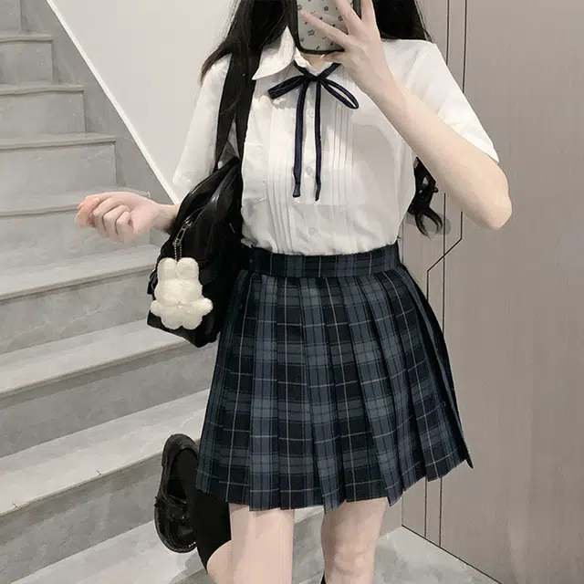 日暮星河 学院风格子百褶裙短袖上衣两件套衬衫套装 女款