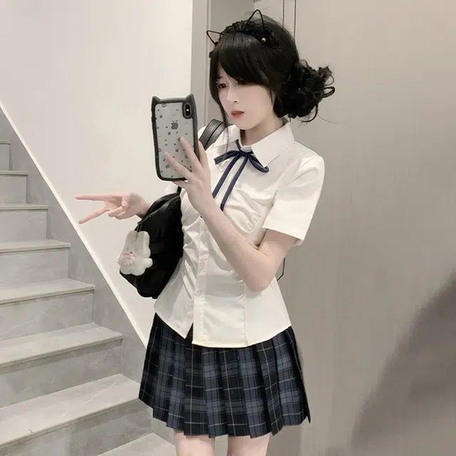 日暮星河 学院风格子百褶裙短袖上衣两件套衬衫套装 女款