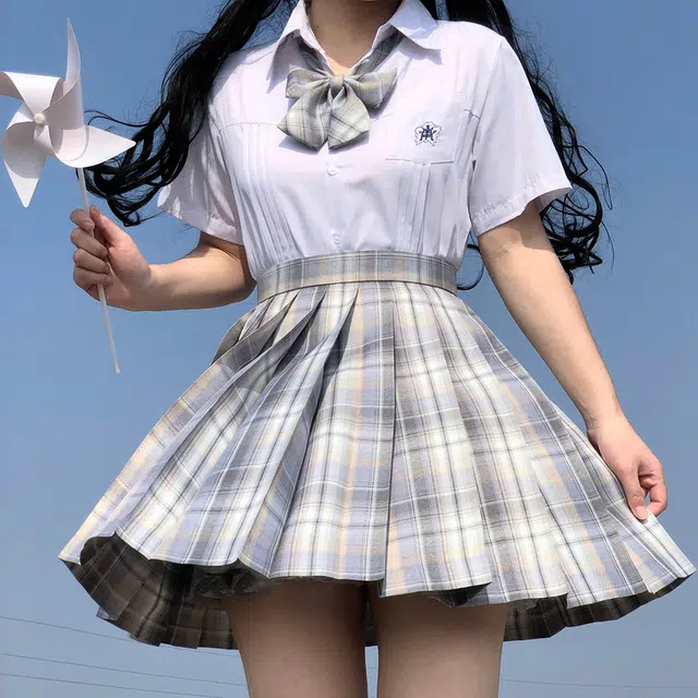日暮星河 日系学院风校供收腰通勤时尚休闲短袖两件套衬衫套装 女款