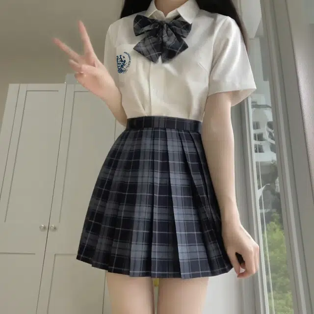 日暮星河 学院风格子百褶裙短袖上衣两件套衬衫套装 女款