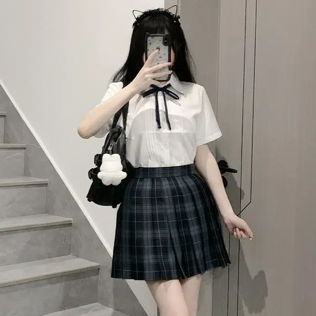日暮星河 学院风格子百褶裙短袖上衣两件套衬衫套装 女款