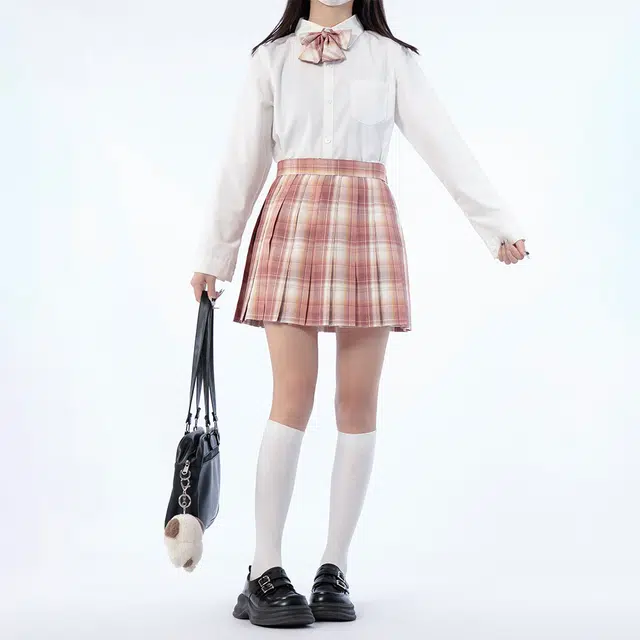 日暮星河 学院风百搭舒适长袖上衣日系百褶裙衬衫套装 女款 草莓奶冻
