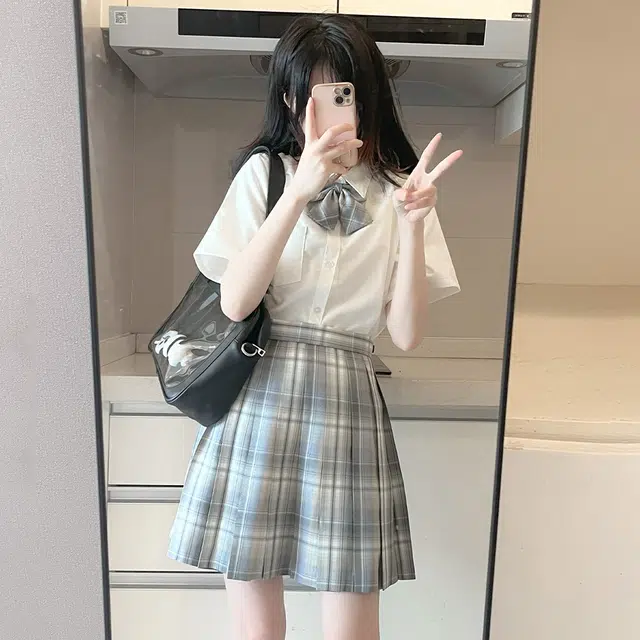 日暮星河 日系学院风校供收腰通勤时尚休闲短袖两件套衬衫套装 女款