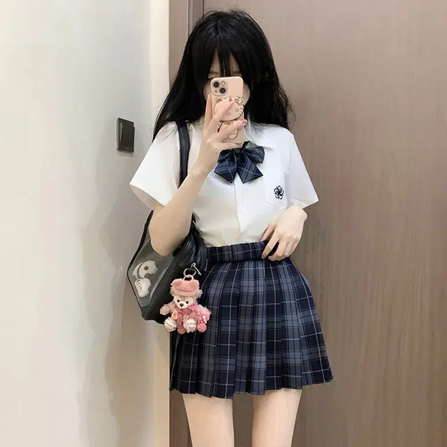 日暮星河 学院风格子百褶裙短袖上衣两件套衬衫套装 女款