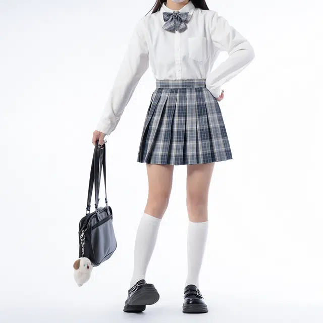 日暮星河 学院风休闲百搭长袖上衣日系百褶裙衬衫套装 女款 青野