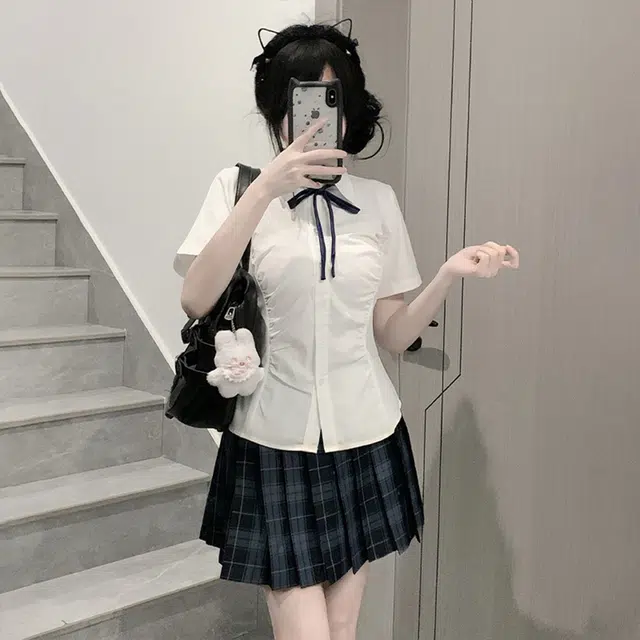 日暮星河 学院风格子百褶裙短袖上衣两件套衬衫套装 女款