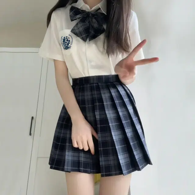 日暮星河 学院风格子百褶裙短袖上衣两件套衬衫套装 女款