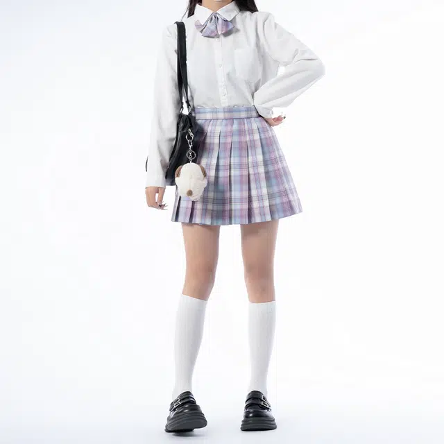 日暮星河 学院风休闲时尚百搭长袖上衣日系百褶裙衬衫套装 女款 玻璃糖