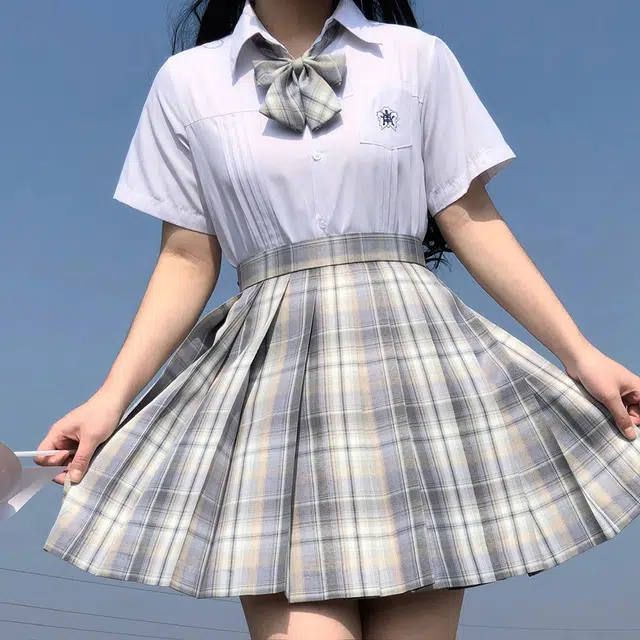日暮星河 日系学院风校供收腰通勤时尚休闲短袖两件套衬衫套装 女款