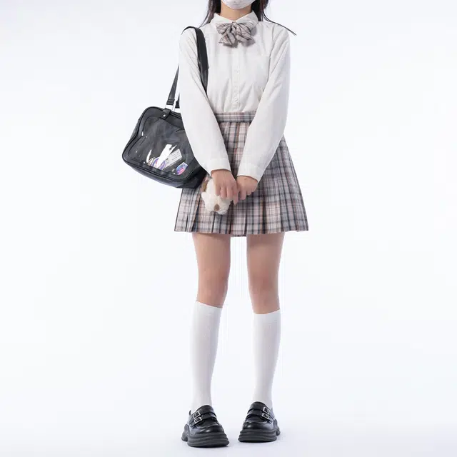 日暮星河 学院风休闲百搭时尚长袖上衣日系百褶裙衬衫套装 女款 牛奶慕斯