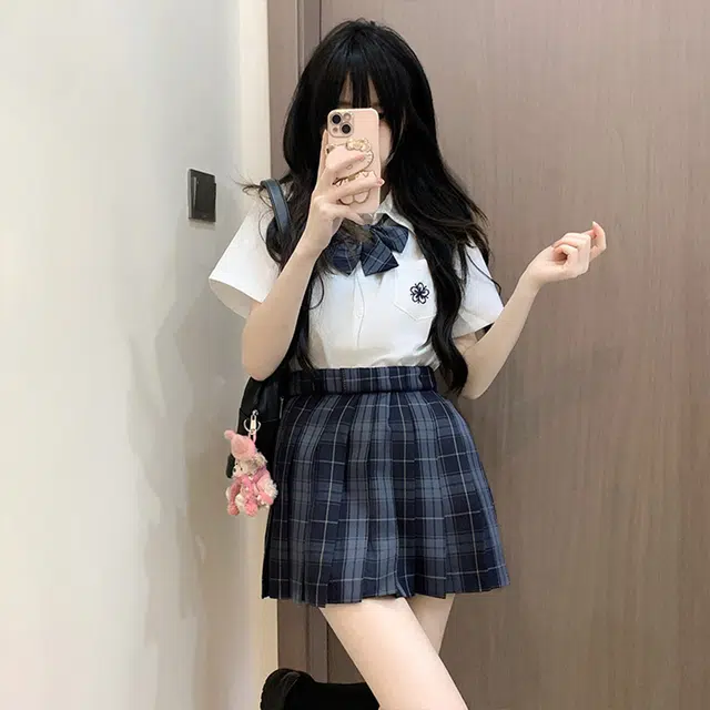 日暮星河 学院风格子百褶裙短袖上衣两件套衬衫套装 女款