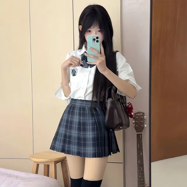 日暮星河 学院风格子百褶裙短袖上衣两件套衬衫套装 女款