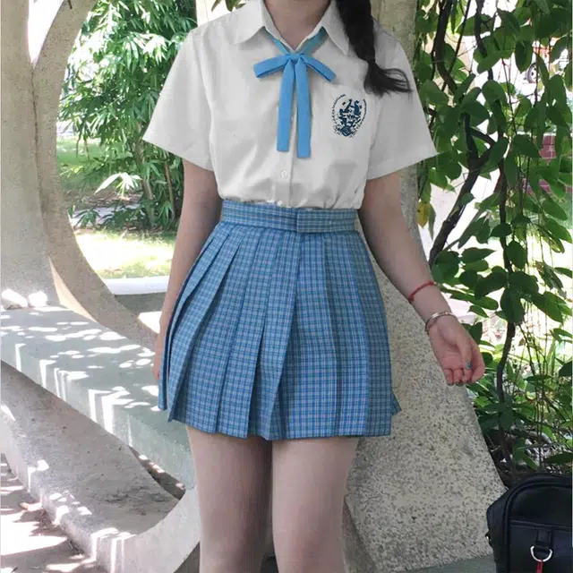 日暮星河 松蓝皓海套装 夏季学院风百褶裙衬衫套装 女款