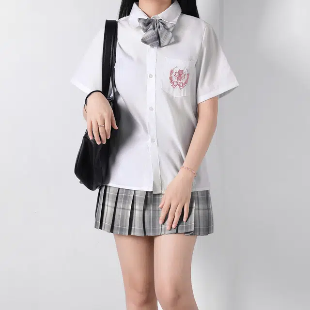 日暮星河 日系学院风校供收腰通勤时尚休闲短袖两件套衬衫套装 女款