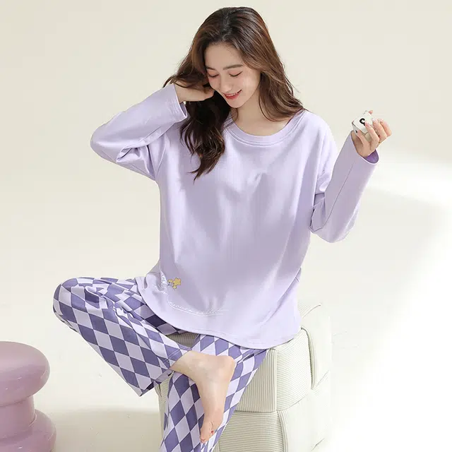 宜而爽 亲肤舒适简约休闲家居服睡衣套装 女款 紫色