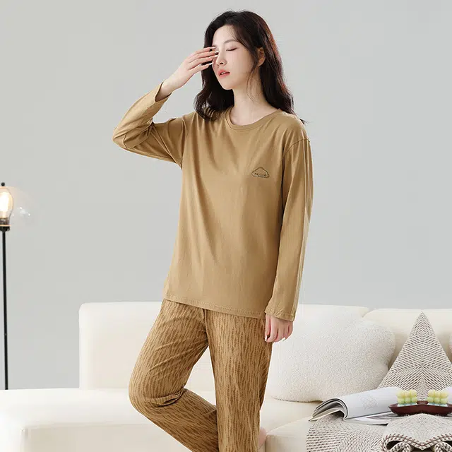 宜而爽 柔软家居服甜美休闲简约长袖长裤可外穿睡衣套装 女款 浅棕色