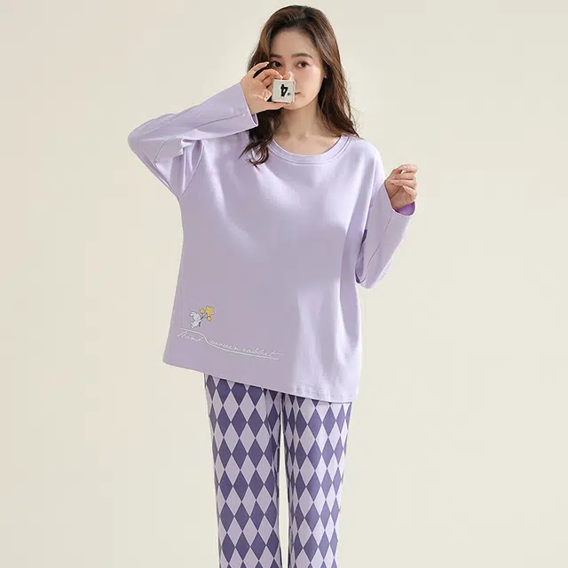 宜而爽 亲肤舒适简约休闲家居服睡衣套装 女款 紫色