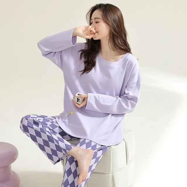 宜而爽 亲肤舒适简约休闲家居服睡衣套装 女款 紫色