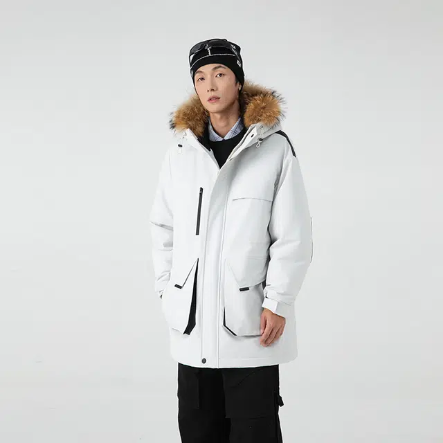雅鹿 极寒系列 简约基础款拼接可拆卸防风毛领派克服大衣中长款加厚保暖工装连帽羽绒服 男女同款