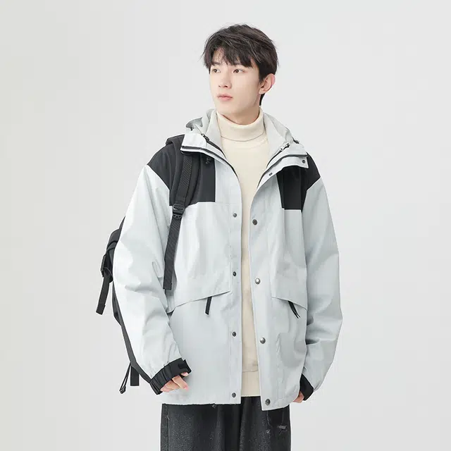 雅鹿  美式复古休闲拼色连帽设计感工装纽扣潮流百搭  防风耐磨冲锋衣 男女同款