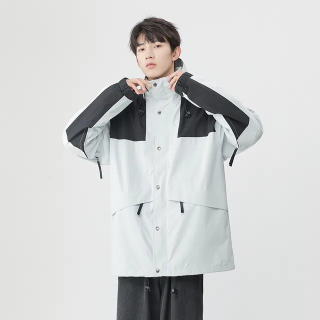 雅鹿  美式复古休闲拼色连帽设计感工装纽扣潮流百搭  防风耐磨冲锋衣 男女同款