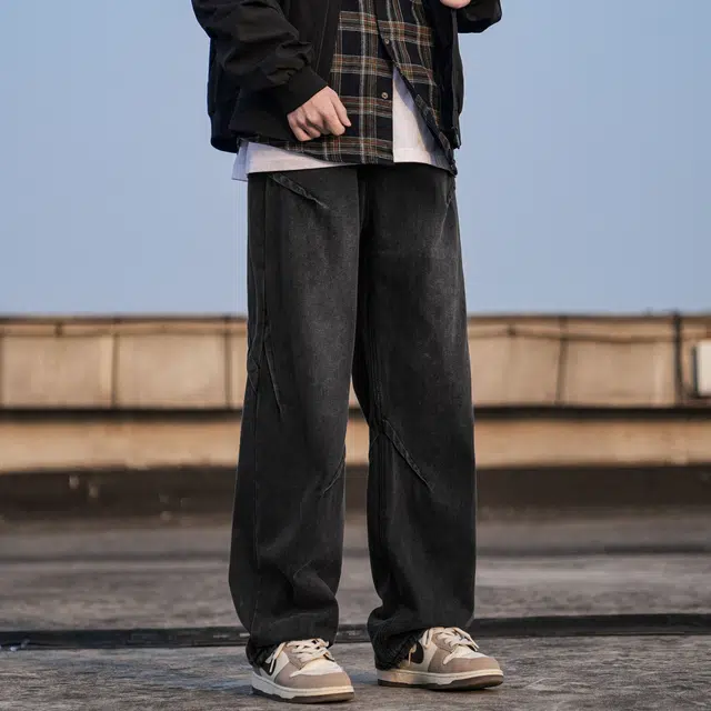 莱赛尔材质薄款冰感速干透气抗皱寻星记 美式复古高街风个性褶皱设计感水洗做旧宽松直筒休闲长裤牛仔裤 男女同款