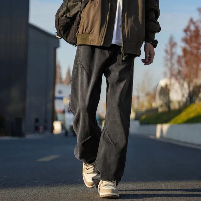 莱赛尔材质薄款冰感速干透气抗皱寻星记 美式复古高街风个性褶皱设计感水洗做旧宽松直筒休闲长裤牛仔裤 男女同款