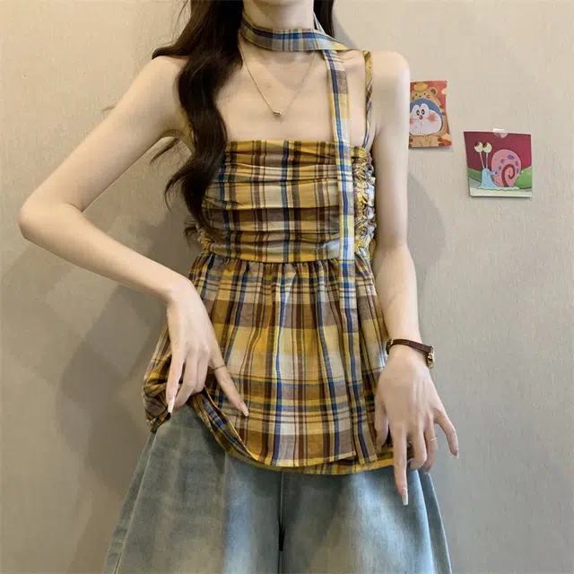 缪斯的诱惑 甜辣妹设计感格子背心女装夏季显瘦小众褶皱收腰无袖吊带 女款
