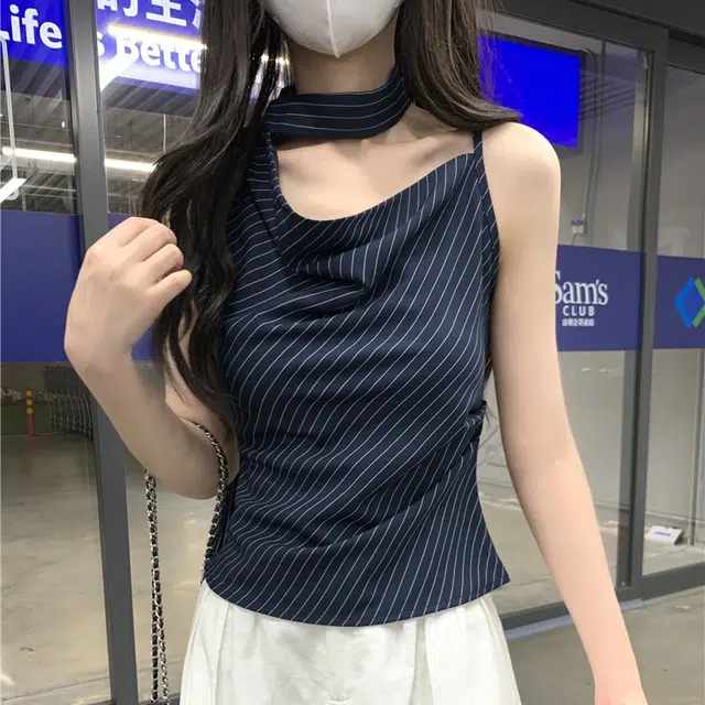 缪斯的诱惑 设计感斜肩荡领挂脖飘带女夏季气质时尚修身短款上衣吊带 女款