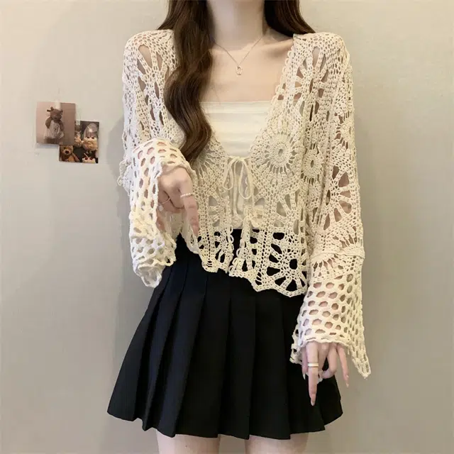缪斯的诱惑 勾花镂空系带开衫女夏季波西米亚度假风长袖短款上衣罩衫针织衫 女款