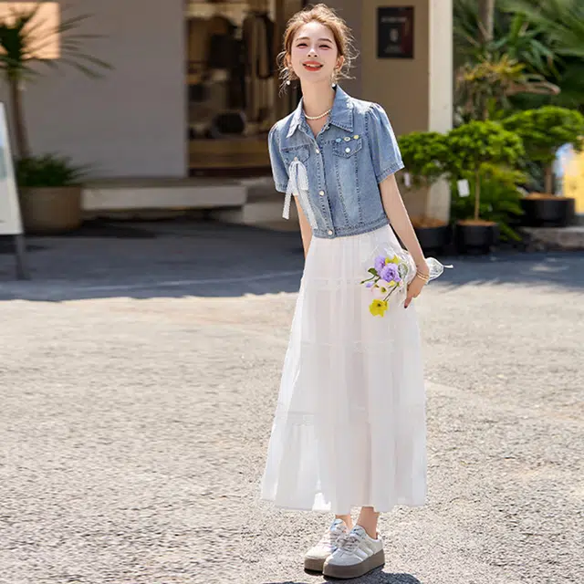缪斯的诱惑 今年流行牛仔女夏火法式蕾丝拼接吊带连衣裙两件套裙装套装 女款