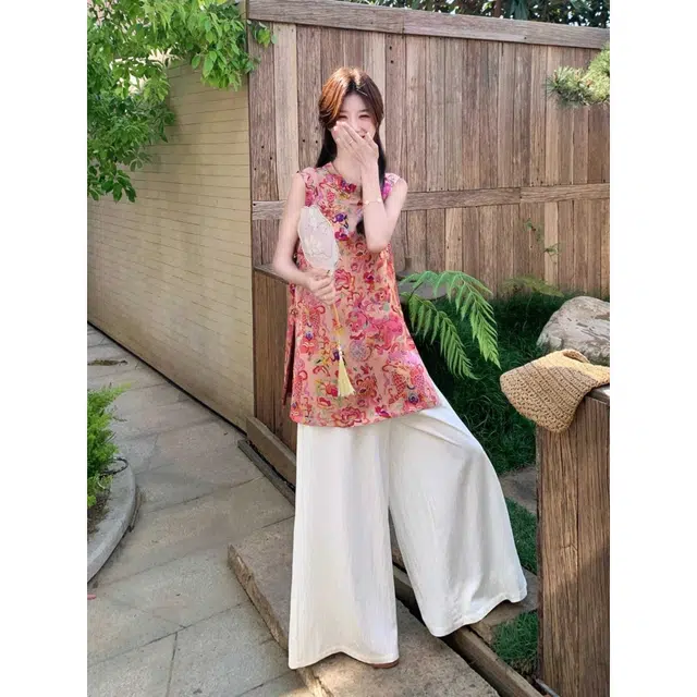 缪斯的诱惑 提花无袖中长款上衣凉感阔腿裤休闲套装 女款