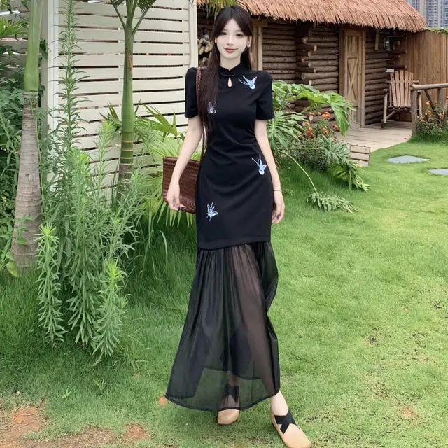 缪斯的诱惑 新中式刺绣蝴蝶改良旗袍裙短袖连衣裙 女款
