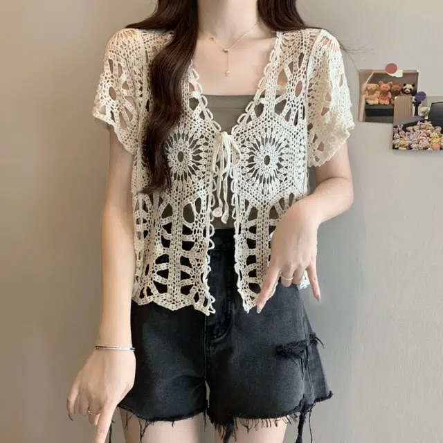 缪斯的诱惑 勾花镂空系带开衫女夏季波西米亚度假风短款上衣罩衫针织衫 女款
