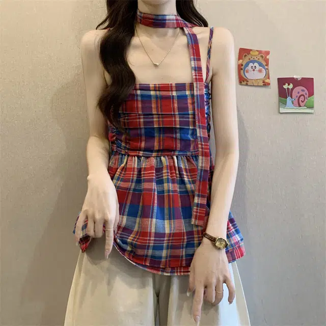 缪斯的诱惑 甜辣妹设计感格子背心女装夏季显瘦小众褶皱收腰无袖吊带 女款