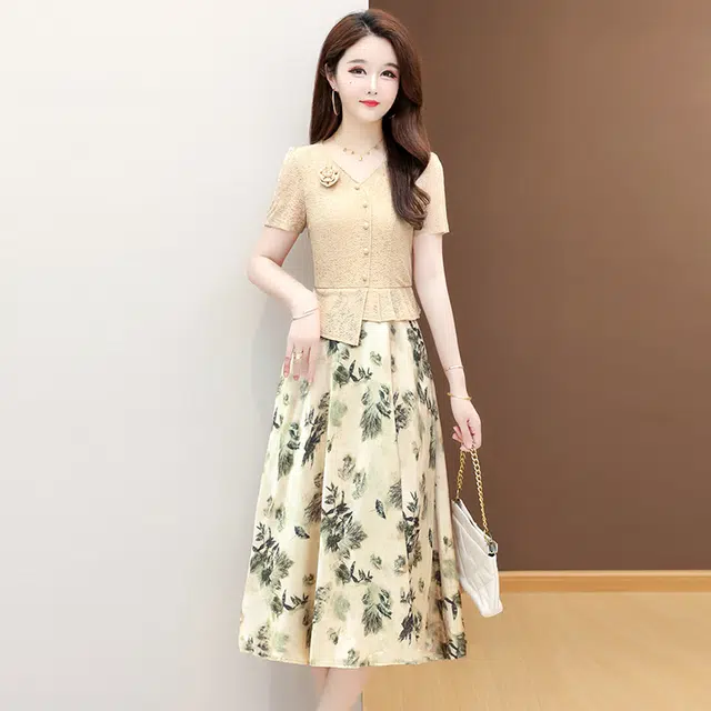 缪斯的诱惑 大码假两件收腰显瘦洋气短袖连衣裙 女款