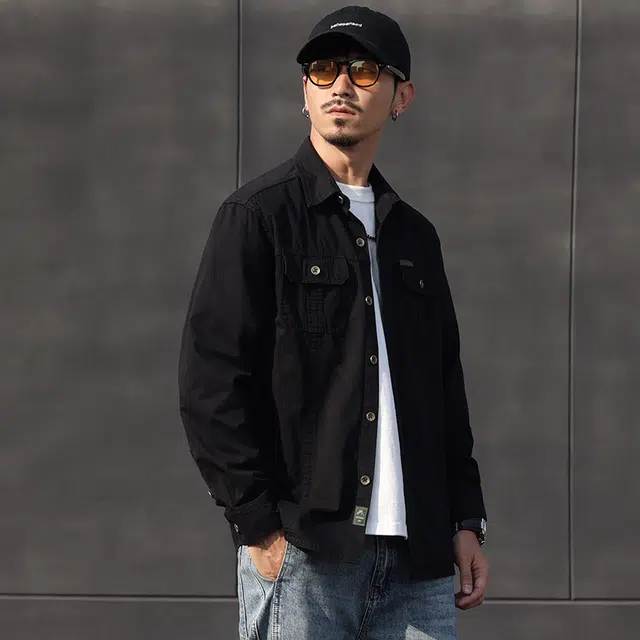 么宁 美式纯棉工装衬衣长袖翻领休闲外套舒适透气宽松上衣个性时尚衬衫 男女同款