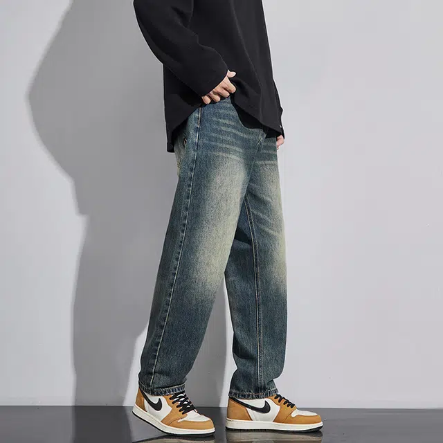 么宁 麻绳刺绣美式高街水洗做旧宽松直筒简约百搭潮流时尚舒适透气个性痞帅休闲运动牛仔裤 男女同款