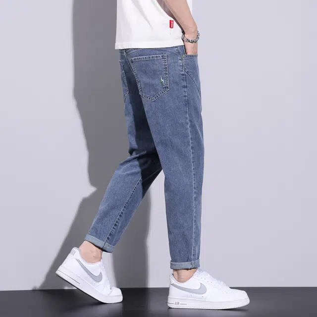 么宁 个性刺绣修身小脚九分裤潮流时尚简约百搭舒适透气休闲锥形牛仔裤 男女同款