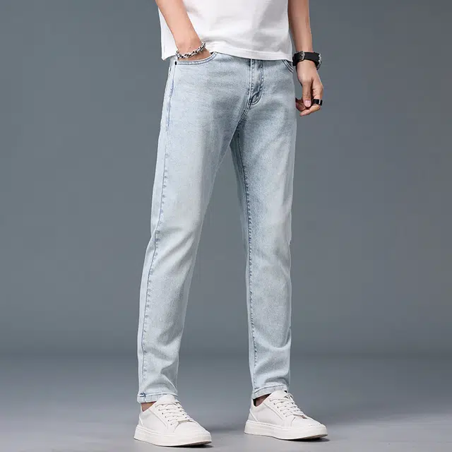 么宁 韩版潮流时尚修身弹力直筒裤舒适透气简约百搭个性痞帅运动休闲牛仔裤 男女同款