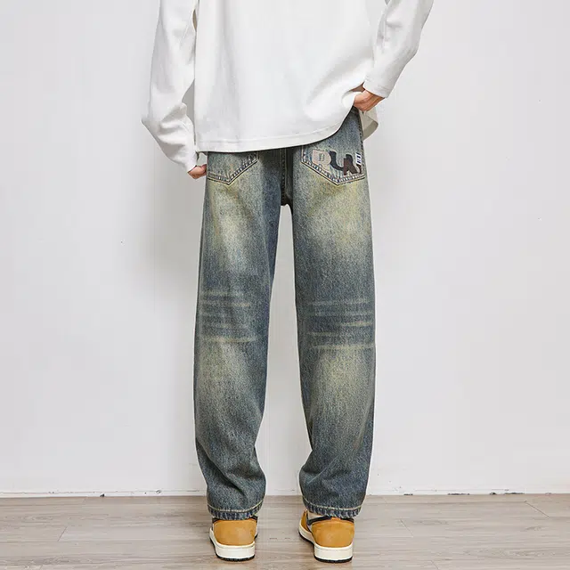 么宁 字母刺绣美式高街水洗做旧宽松直筒简约百搭潮流时尚舒适透气个性痞帅休闲运动牛仔裤 男女同款