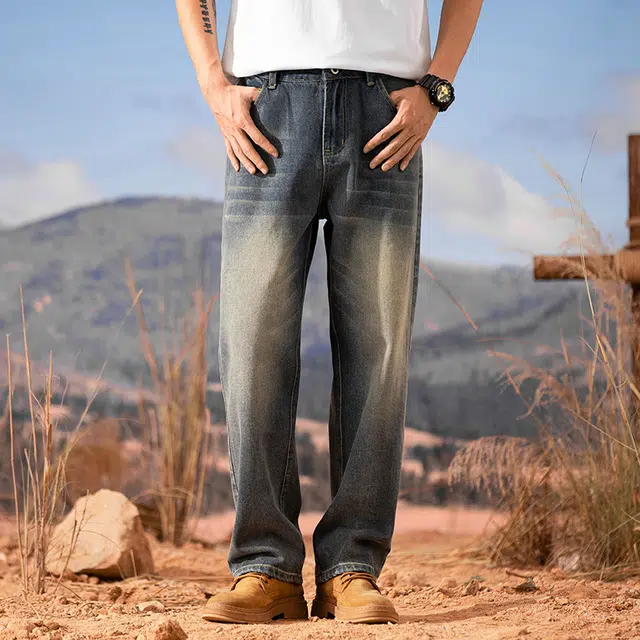 么宁 美式高街复古水洗做旧宽松直筒简约百搭潮流时尚舒适透气个性痞帅运动休闲牛仔裤 男女同款