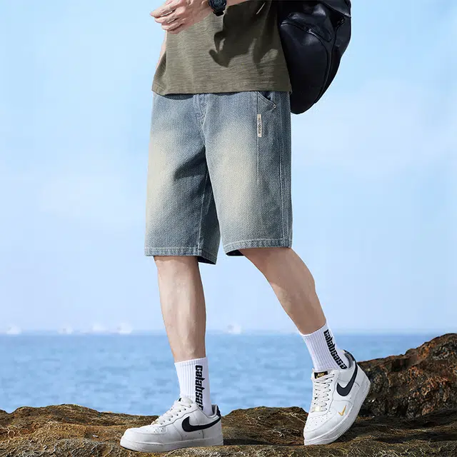 么宁 宽松直筒五分裤潮流时尚简约百搭舒适透气个性痞帅牛仔短裤 男女同款