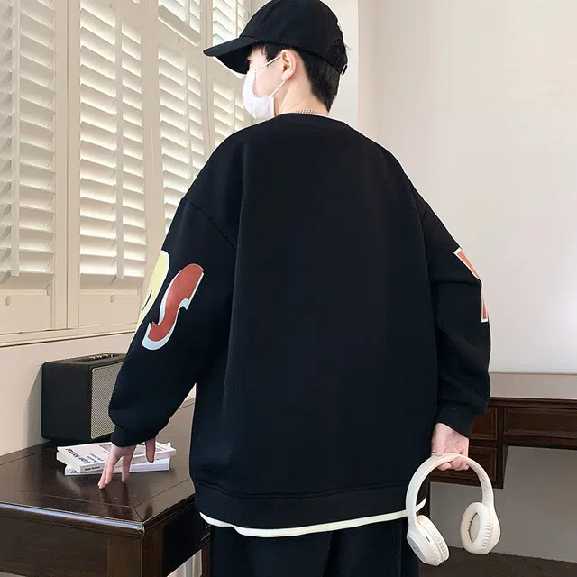 么宁 秋冬季美式圆领长袖外套字母印花宽松休闲上衣舒适透气打底衫简约百搭运动卫衣 男女同款
