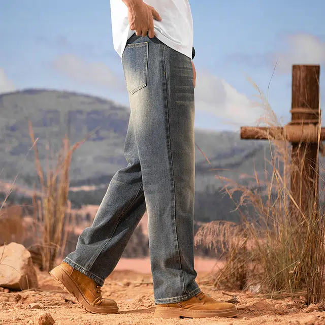 么宁 美式高街复古水洗做旧宽松直筒简约百搭潮流时尚舒适透气个性痞帅运动休闲牛仔裤 男女同款