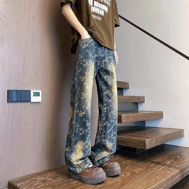 么宁 印花美式高街复古水洗潮牌高级感直筒百搭痞帅休闲牛仔裤 男女同款