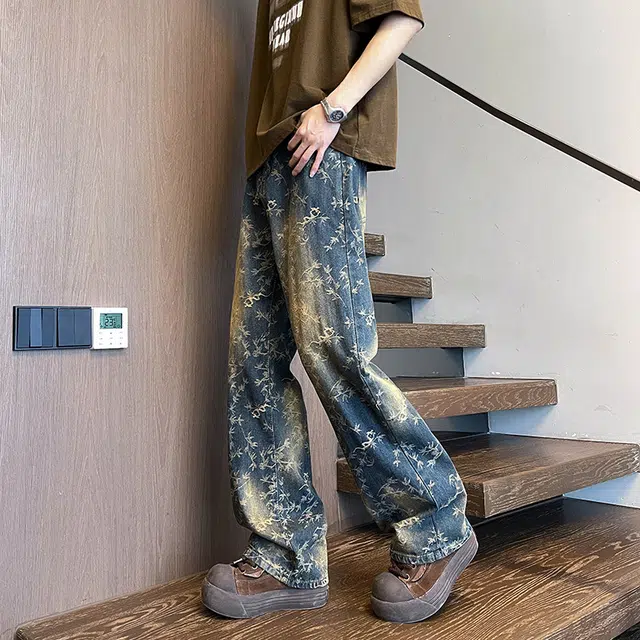 么宁 印花美式高街复古水洗潮牌高级感直筒百搭痞帅休闲牛仔裤 男女同款