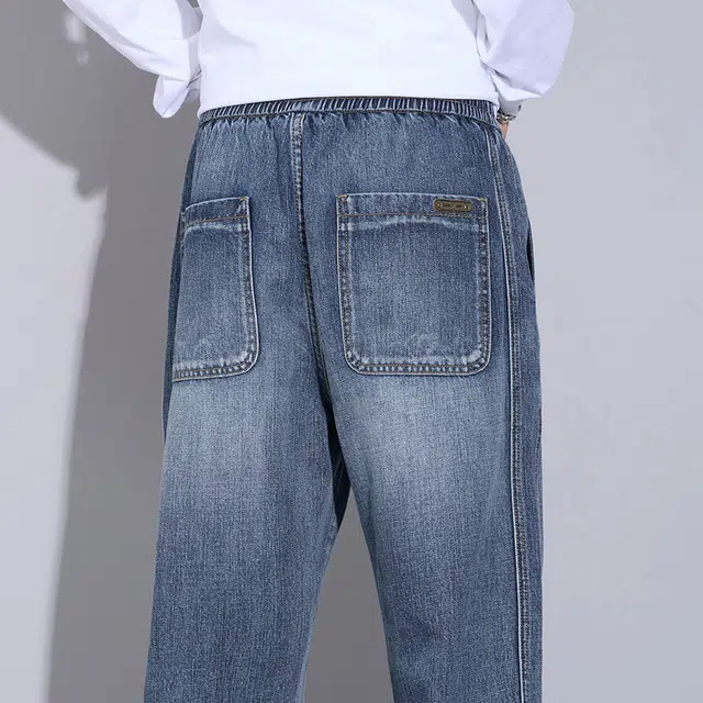 么宁 美式高街个性潮牌宽松直筒裤简约百搭抽绳松紧腰舒适透气休闲阔腿牛仔裤 男女同款