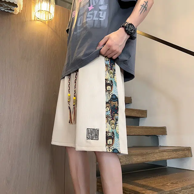 么宁 个性刺绣印花宽松百搭五分裤薄款舒适透气设计感运动休闲短裤 男女同款